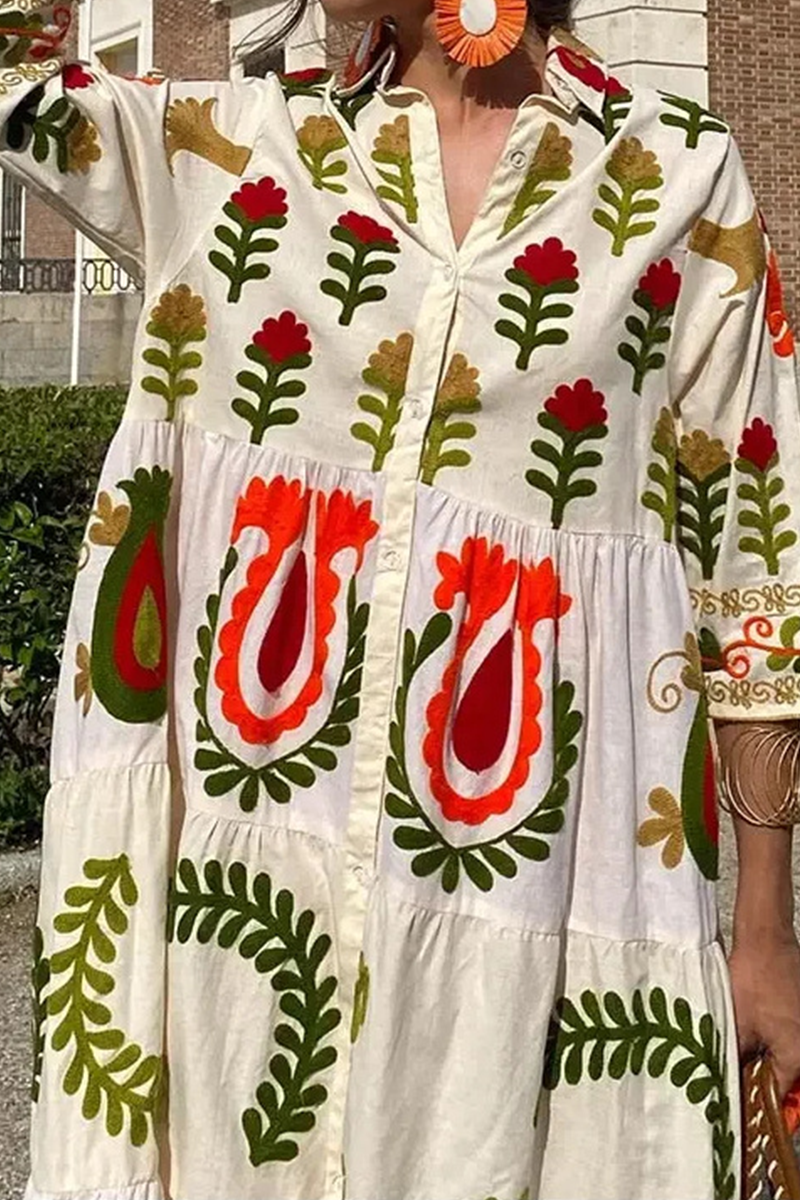 Damen Maxikleid – Lockere Passform – Blumenmuster – Lange Ärmel – Luftiger Stoff