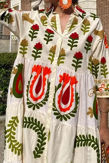 Damen Maxikleid – Lockere Passform – Blumenmuster – Lange Ärmel – Luftiger Stoff