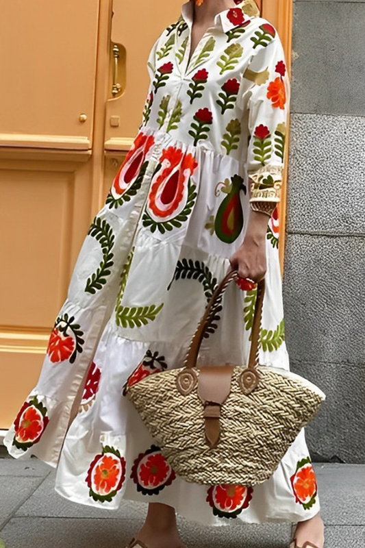 Damen Maxikleid – Lockere Passform – Blumenmuster – Lange Ärmel – Luftiger Stoff