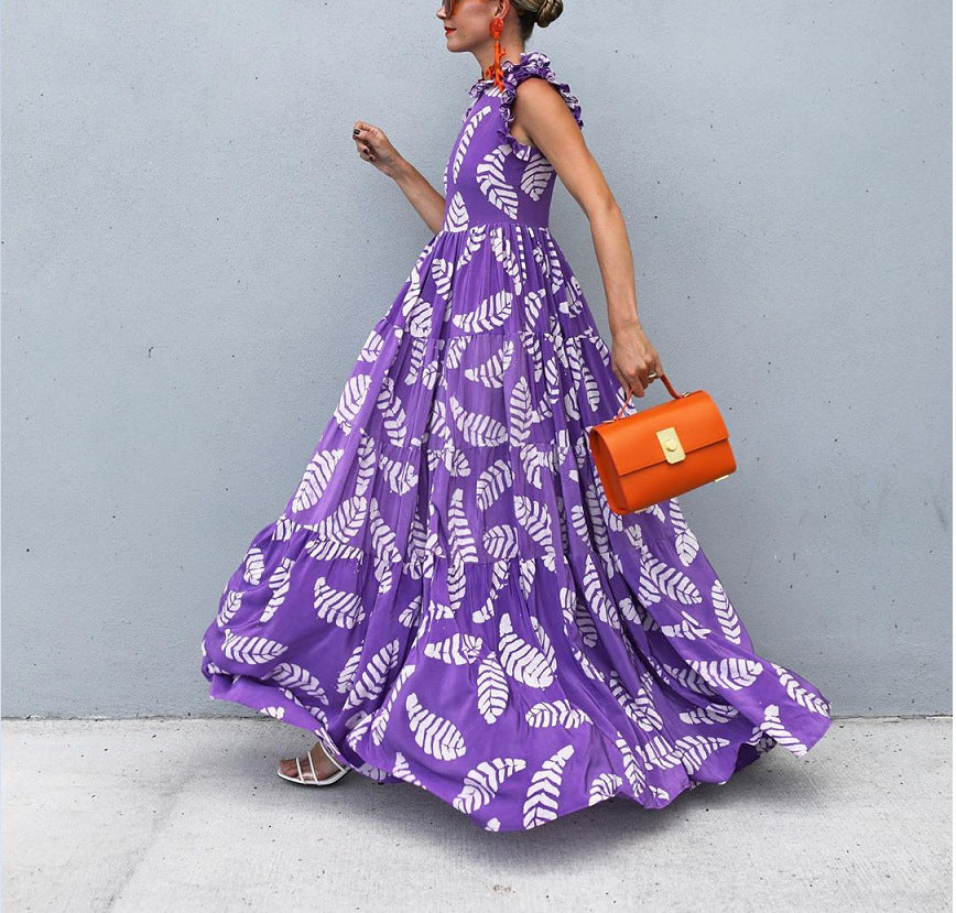 Damen Maxikleid – Luftiger Schnitt – Rüschen-Details – Blumenmuster – Atmungsaktives Gewebe