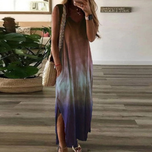 Damen Maxikleid – Ärmellos – Hoher Schlitz – Farbverlauf – Lockerer Schnitt – Baumwollmix