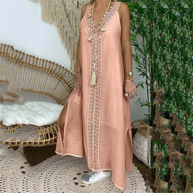 Damen Maxi Kleid – Lockere Passform – Spitze – Natürliche Fasern – Seitenschlitze