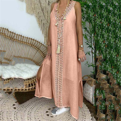 Damen Maxi Kleid – Lockere Passform – Spitze – Natürliche Fasern – Seitenschlitze
