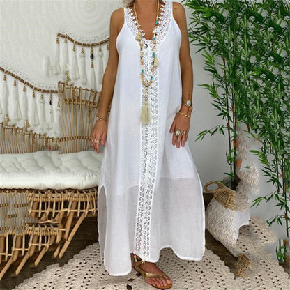 Damen Maxi Kleid – Lockere Passform – Spitze – Natürliche Fasern – Seitenschlitze