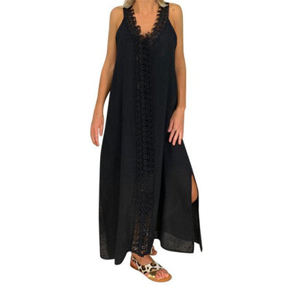 Damen Maxi Kleid – Lockere Passform – Spitze – Natürliche Fasern – Seitenschlitze