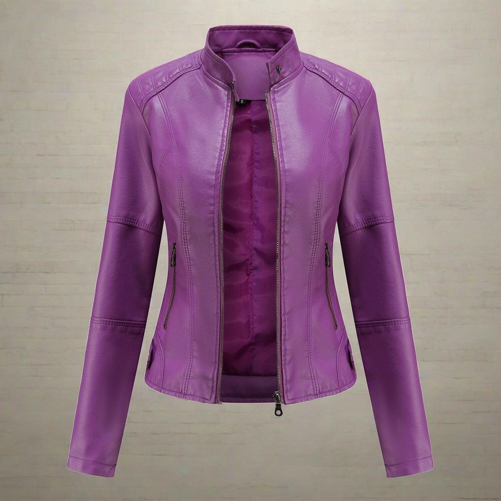 Damen Bikerjacke – Slim Fit – Glänzendes Finish – Stehkragen – Zipperdetails