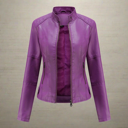 Damen Bikerjacke – Slim Fit – Glänzendes Finish – Stehkragen – Zipperdetails