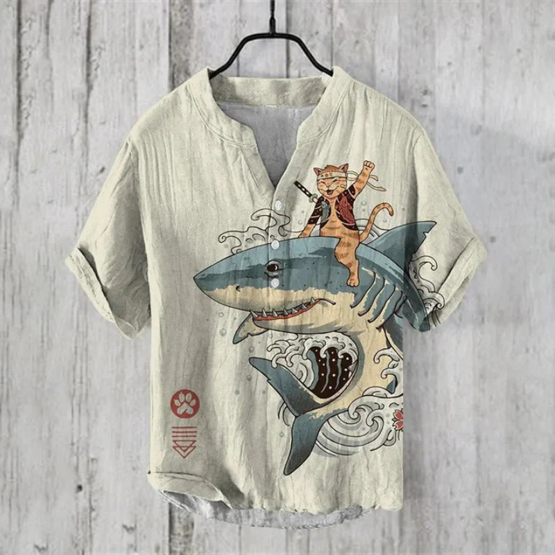 Herren Freizeithemd – Relaxed Fit – Kurzarm – Atmungsaktive Faser – Katzen Grafik