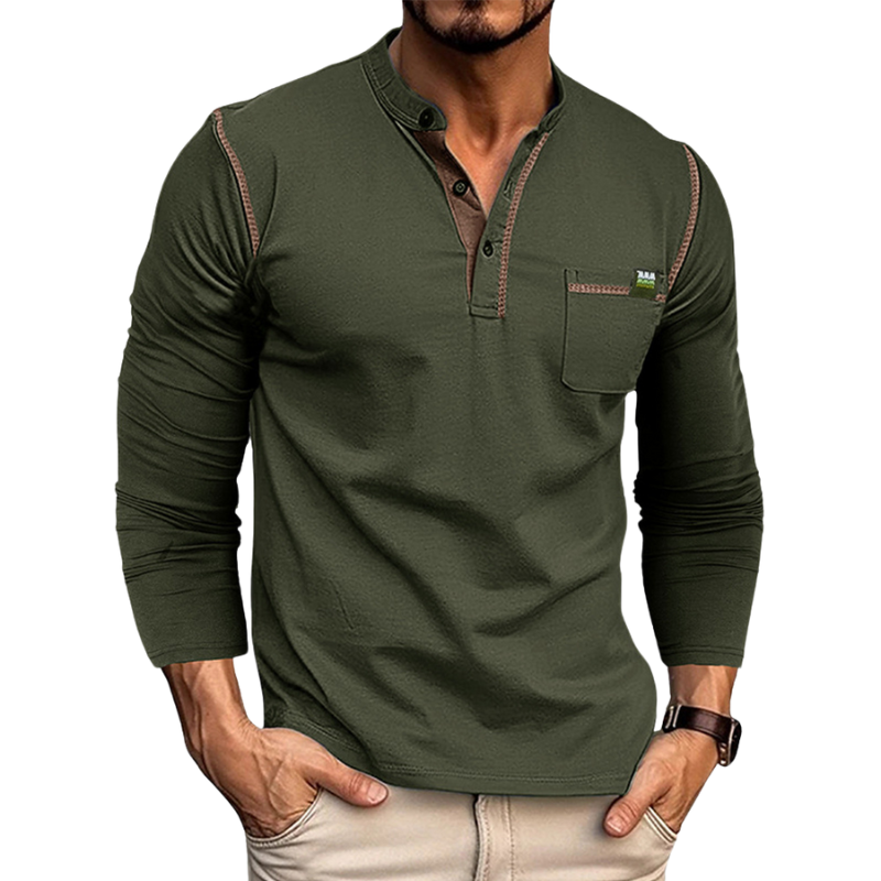 Herren Henley Shirt – Tailored Fit – Langarm – Atmungsaktives Gewebe – Brusttasche