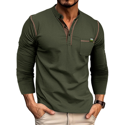 Herren Henley Shirt – Tailored Fit – Langarm – Atmungsaktives Gewebe – Brusttasche