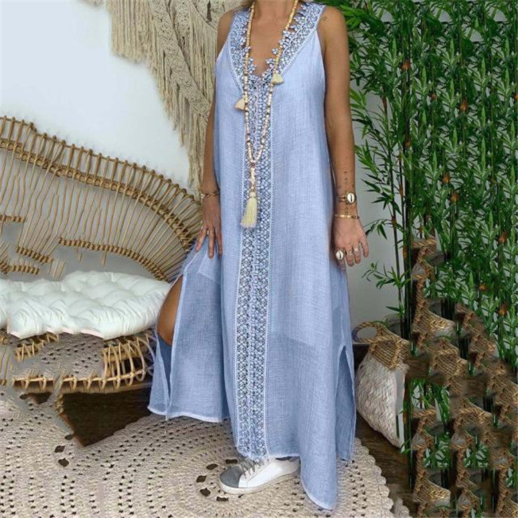 Damen Maxi Kleid – Lockere Passform – Spitze – Natürliche Fasern – Seitenschlitze
