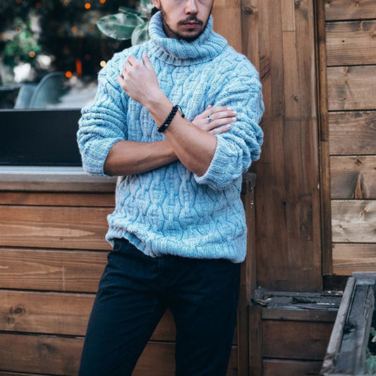 Herren Rollkragenpullover – Wollmix – Lockerer Schnitt – Grobstrick Zopfmuster