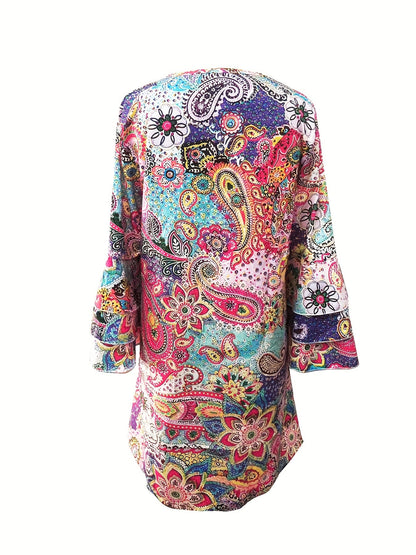 Damen Boho Kleid – Fließend Locker – V-Ausschnitt – Bellärmel – Atmungsaktive Qualität