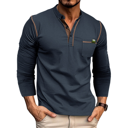 Herren Henley Shirt – Tailored Fit – Langarm – Atmungsaktives Gewebe – Brusttasche