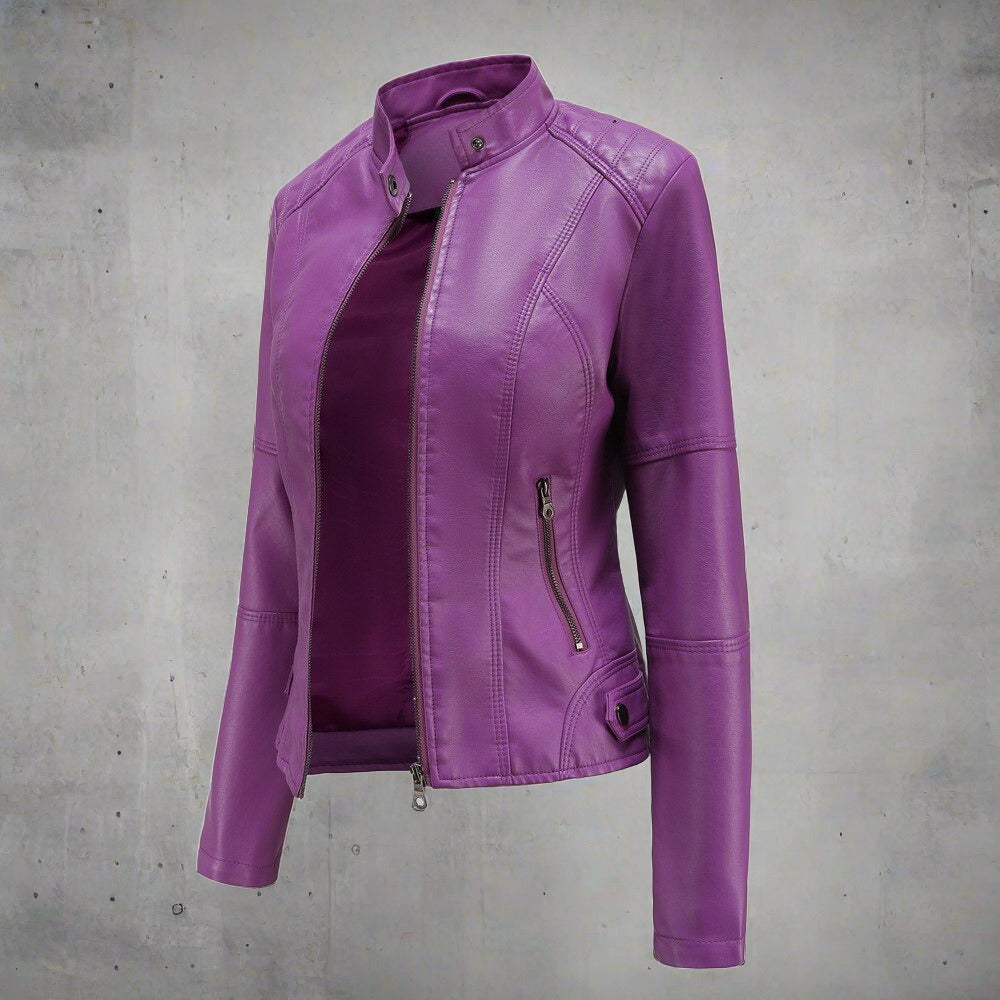 Damen Bikerjacke – Slim Fit – Glänzendes Finish – Stehkragen – Zipperdetails