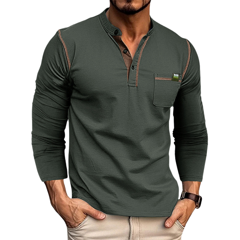 Herren Henley Shirt – Tailored Fit – Langarm – Atmungsaktives Gewebe – Brusttasche