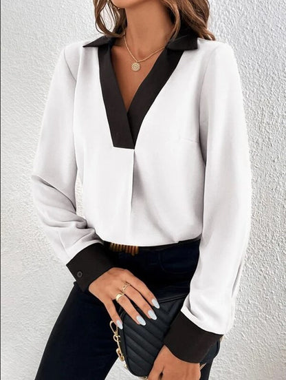 Damen Bluse – V-Ausschnitt mit Kontrastbesatz – Lockere Passform – Langarm Hemdkragen