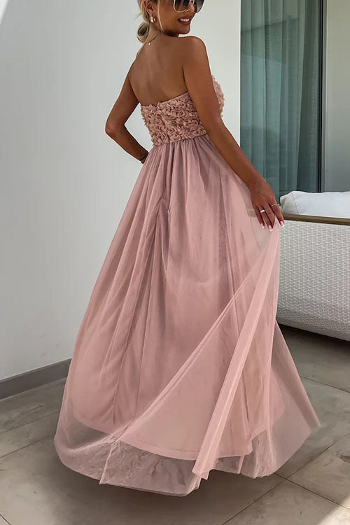 Damen Maxikleid – Trägerlos – Texturiertes Oberteil – Hoher Schlitz – Elegante Passform