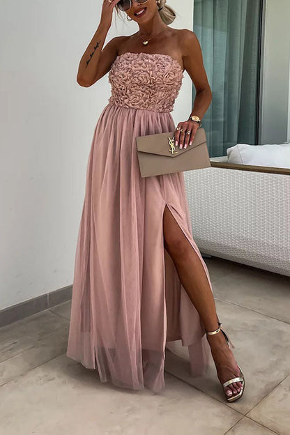 Damen Maxikleid – Trägerlos – Texturiertes Oberteil – Hoher Schlitz – Elegante Passform