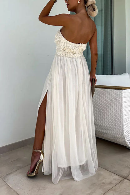 Damen Maxikleid – Trägerlos – Texturiertes Oberteil – Hoher Schlitz – Elegante Passform