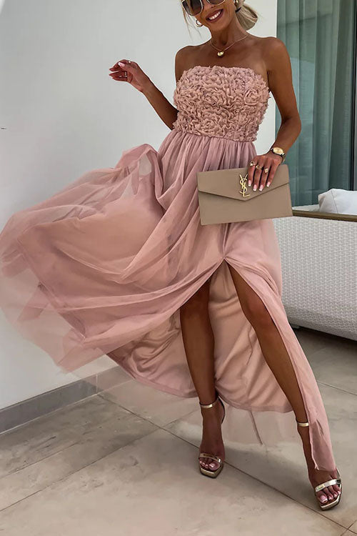Damen Maxikleid – Trägerlos – Texturiertes Oberteil – Hoher Schlitz – Elegante Passform