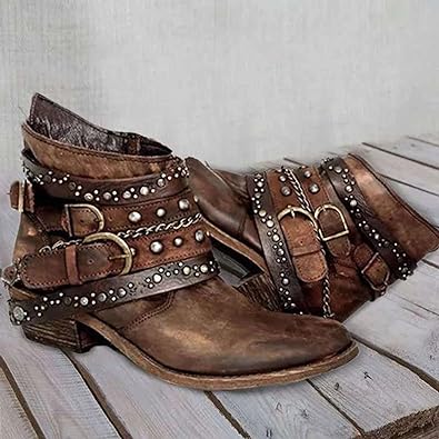 Damen Stiefeletten – Lederoptik – Nietenriemen – Schnallen – Niedriger Absatz