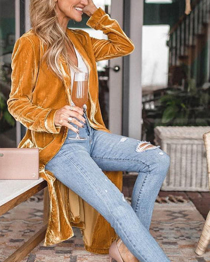 Damen Duster-Cardigan – Relaxed Fit – Luxusstoff – Offenes Design mit Raffung
