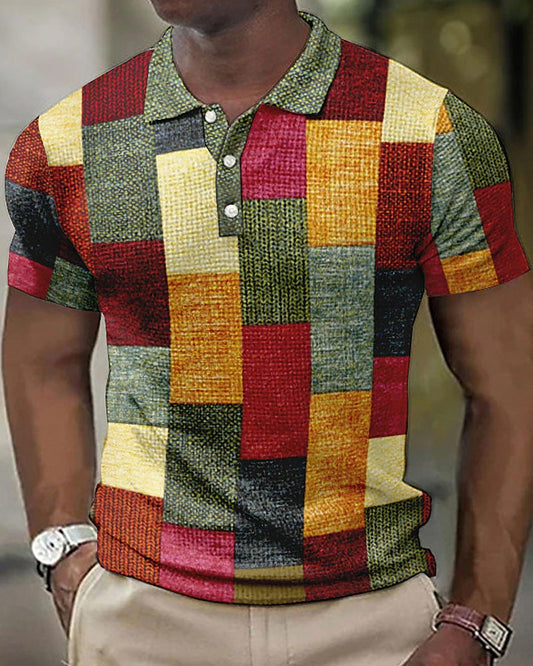 Herren Polo Shirt – Slim Fit – Soft Knit – Patchwork Muster – Knopfleiste Casual