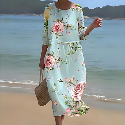 Damen Midi Kleid – Fließender Schnitt – Atmungsaktives Gewebe – Blumenmuster