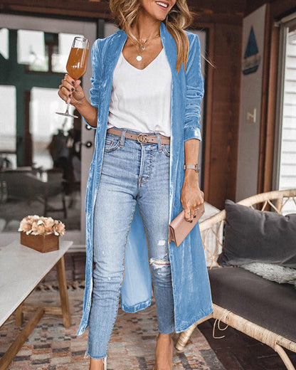 Damen Duster-Cardigan – Relaxed Fit – Luxusstoff – Offenes Design mit Raffung