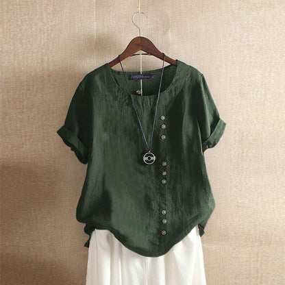 Damen Bluse – Lockerer Schnitt – Atmungsaktiver Stoff – Kurze Ärmel mit Umschlag – Asymmetrische Knopfleiste