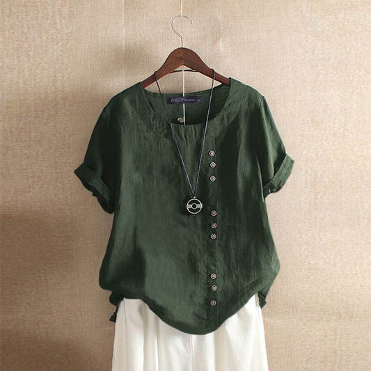Damen Bluse – Lockerer Schnitt – Atmungsaktiver Stoff – Kurze Ärmel mit Umschlag – Asymmetrische Knopfleiste