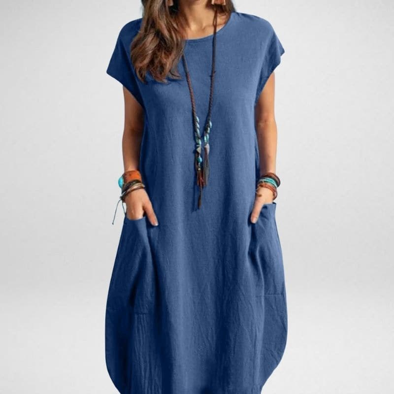 Damen Maxikleid – Relaxed Fit – Atmungsaktives Material – Kurzarm mit Taschen