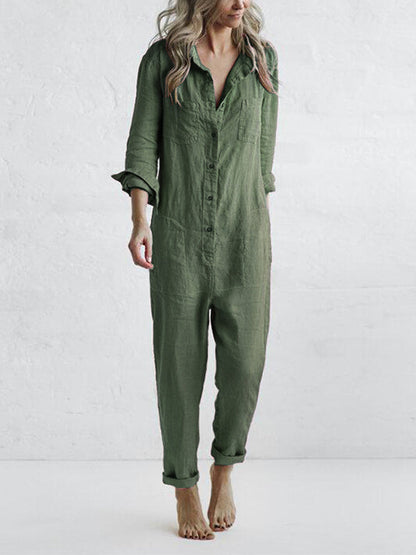 Damen Jumpsuit – Relaxed Fit – Gerade Beine – Atmungsaktive Naturfaser – Langarm mit Riegel – Knopfleiste – Hemdkragen