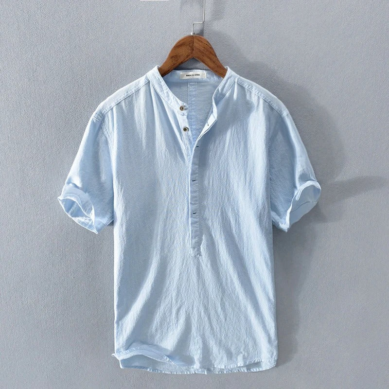 Herren Kurzarmhemd – Relaxed Fit – Mandarin Kragen – Atmungsaktive Naturfasern