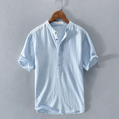Herren Kurzarmhemd – Relaxed Fit – Mandarin Kragen – Atmungsaktive Naturfasern
