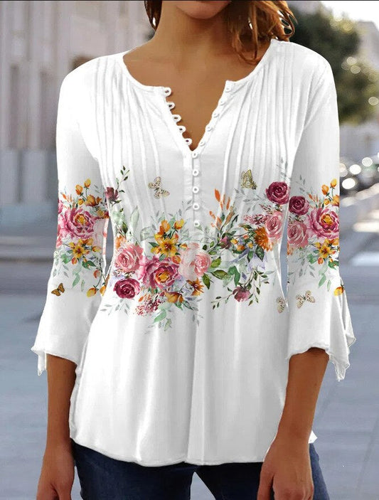 Damen Bluse – Lockerer Schnitt – V-Ausschnitt mit Zierknöpfen – 3/4-Ärmel – Blumenmuster – Atmungsaktives Gewebe