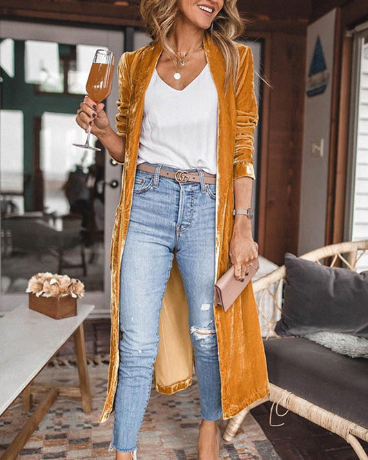 Damen Duster-Cardigan – Relaxed Fit – Luxusstoff – Offenes Design mit Raffung