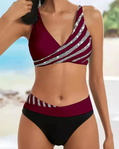 Damen Bikini Set – High Waist – Wickeloberteil – Atmungsaktives Stretchmaterial – Gestreift