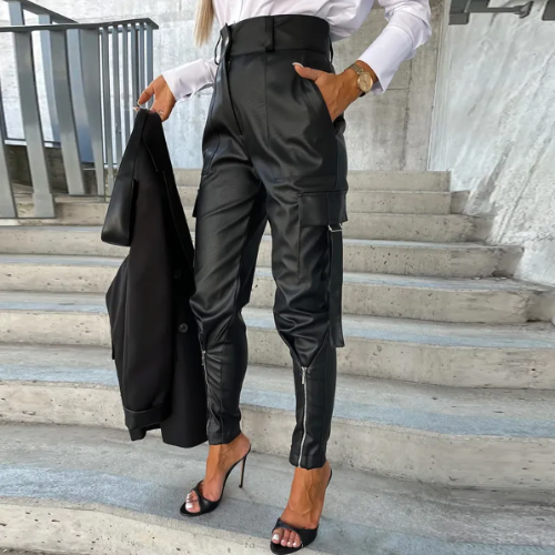 Damen Cargo-Hose – Slim Fit High Waist – Utility-Taschen – Reißverschluss am Knöchel