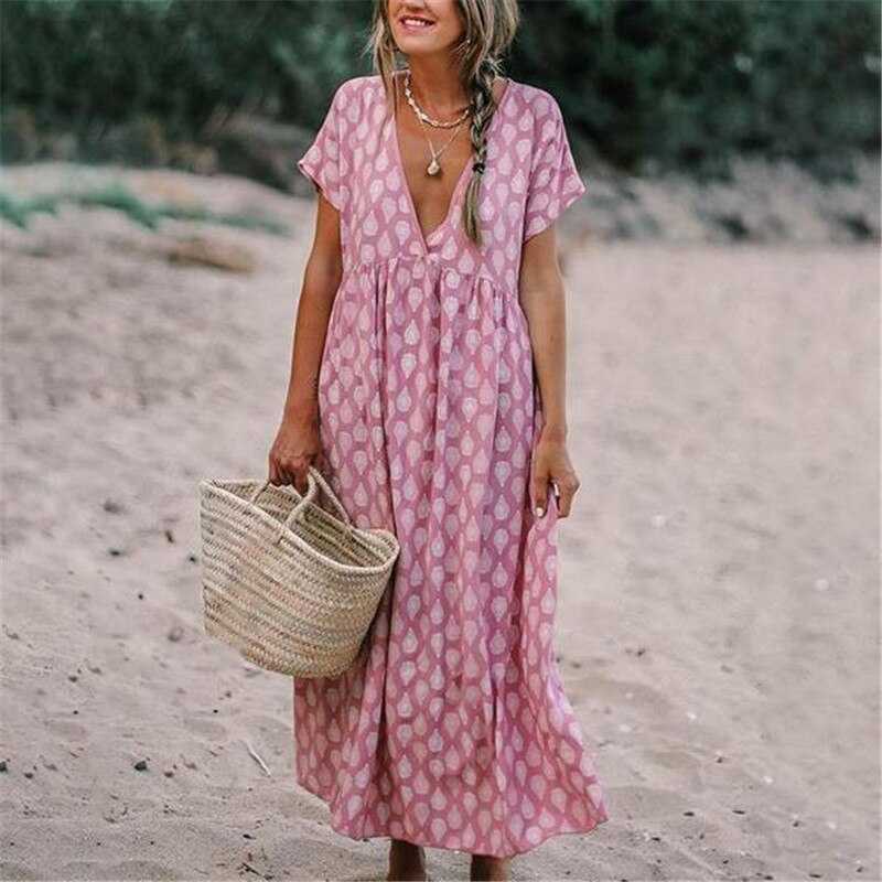 Damen Maxikleid – Lockerer Schnitt – V-Ausschnitt – Kurzarm – Natürliche Fasern