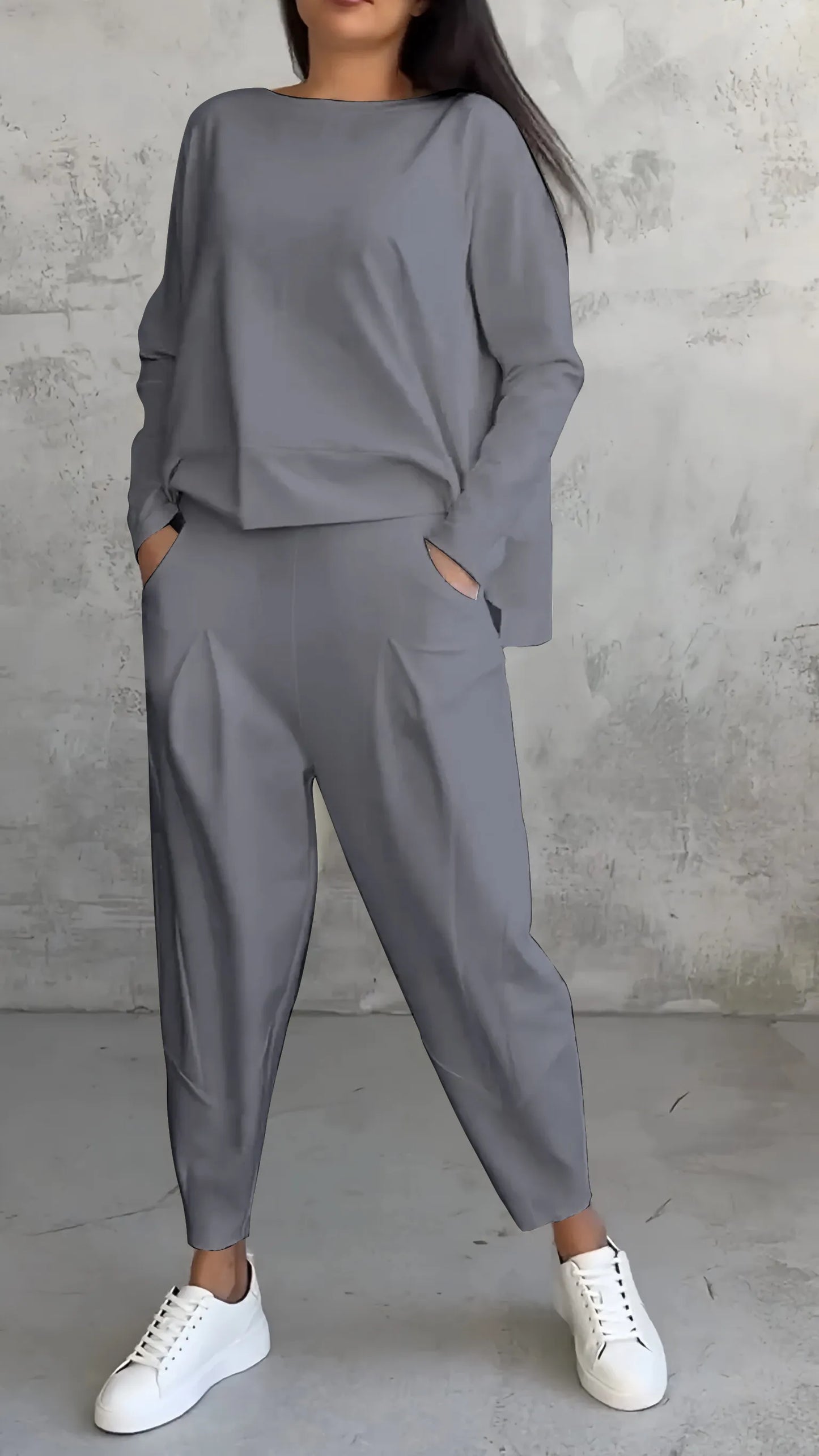 Damen Zweiteiler Set – Lockerer Schnitt – Langarmshirt & Haremshose – Atmungsaktives Material