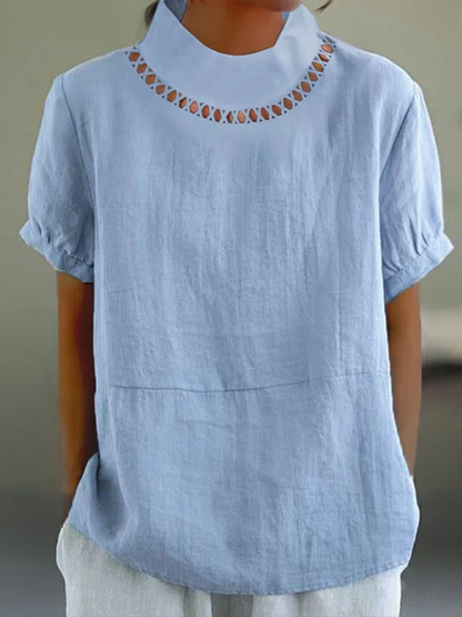 Damen Bluse – Lockerer Schnitt – Kurzarm mit Umschlag – Spitzenbesatz – Atmungsaktive Mischung