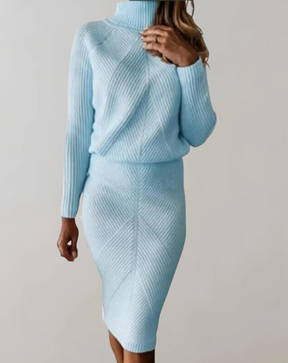 Damen Zweiteiler Set – Rippenstrick – Slim Fit – Rollkragenpullover & Midirock