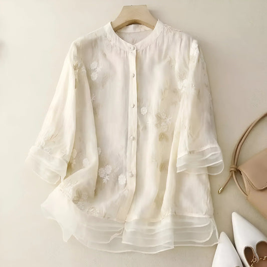 Damen Bluse – Lockerer Schnitt – Florale Stickerei – Knopfleiste – 3/4 Ärmel