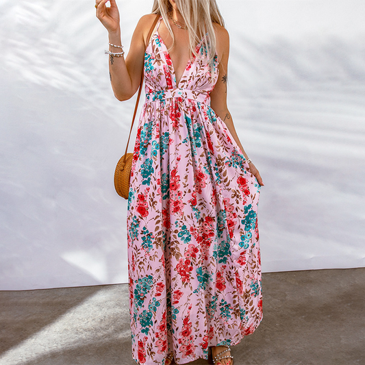 Damen Maxi Kleid – Blumenmuster – Tiefer V-Ausschnitt – Atmungsaktiv – Lockerer Schnitt