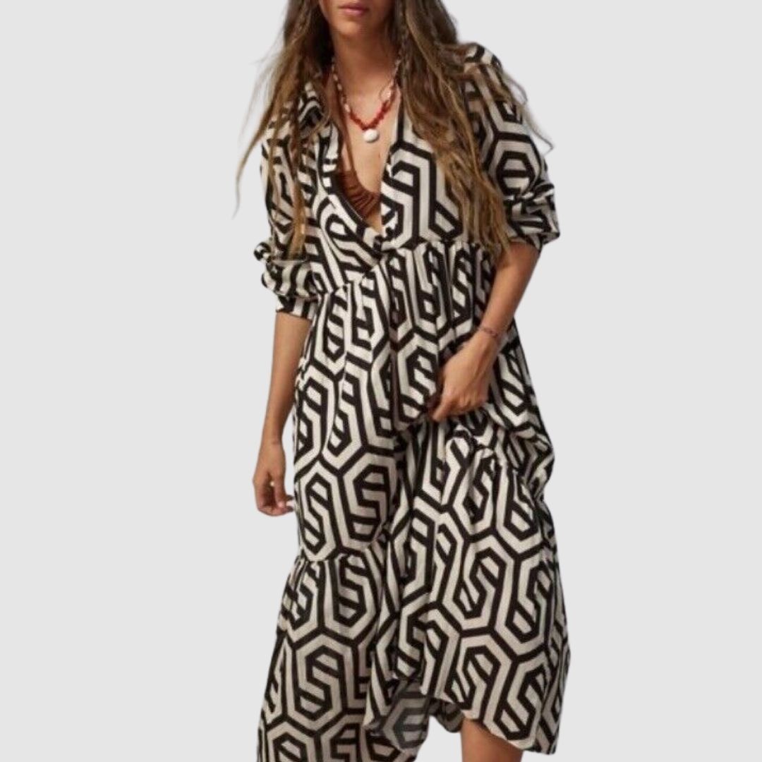 Damen Maxikleid – Lockerer Schnitt – Stufen-Design – Atmungsaktives Gewebe – Muster