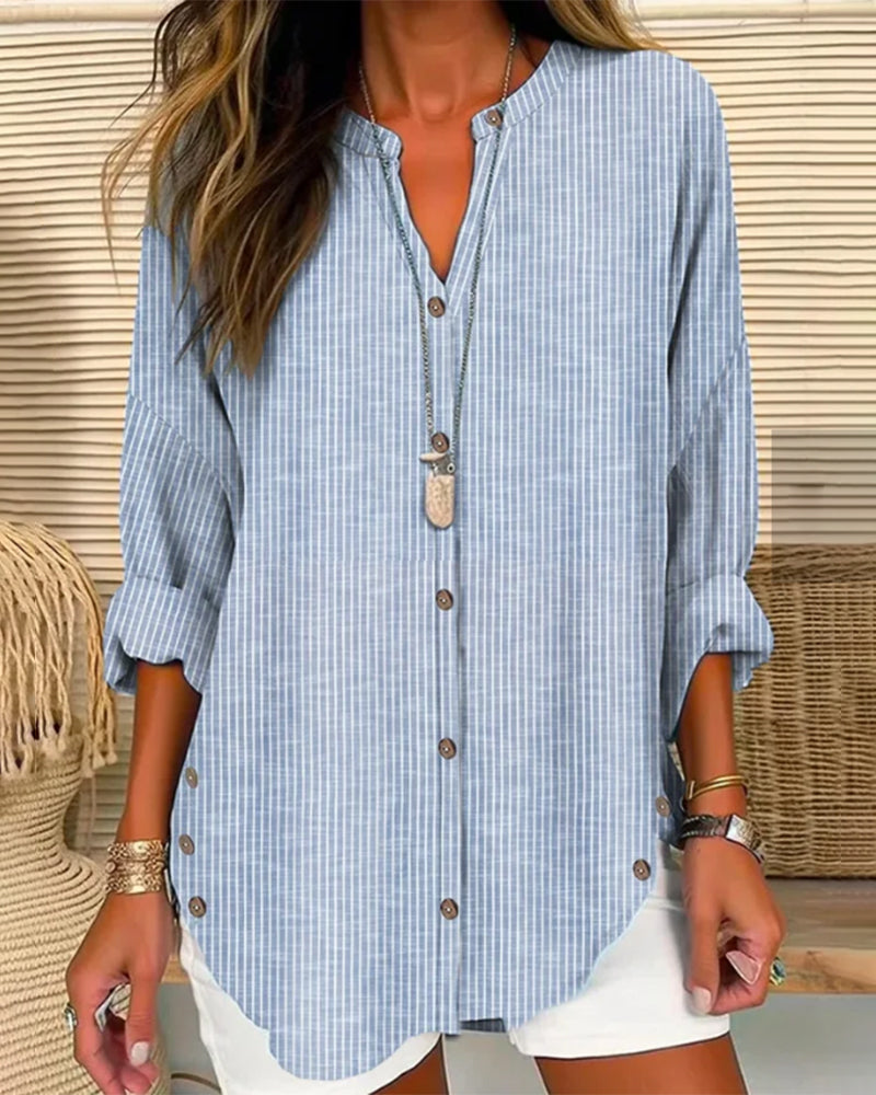 Damen Bluse – Relaxed Fit – Gestreift – V-Ausschnitt mit Knopfleiste – Atmungsaktive Qualität