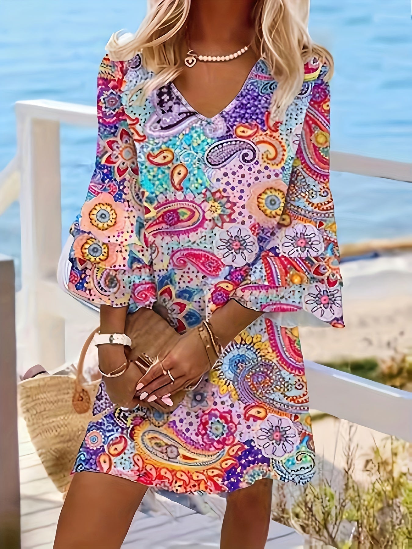 Damen Boho Kleid – Fließend Locker – V-Ausschnitt – Bellärmel – Atmungsaktive Qualität
