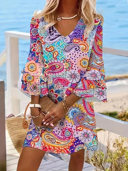 Damen Boho Kleid – Fließend Locker – V-Ausschnitt – Bellärmel – Atmungsaktive Qualität